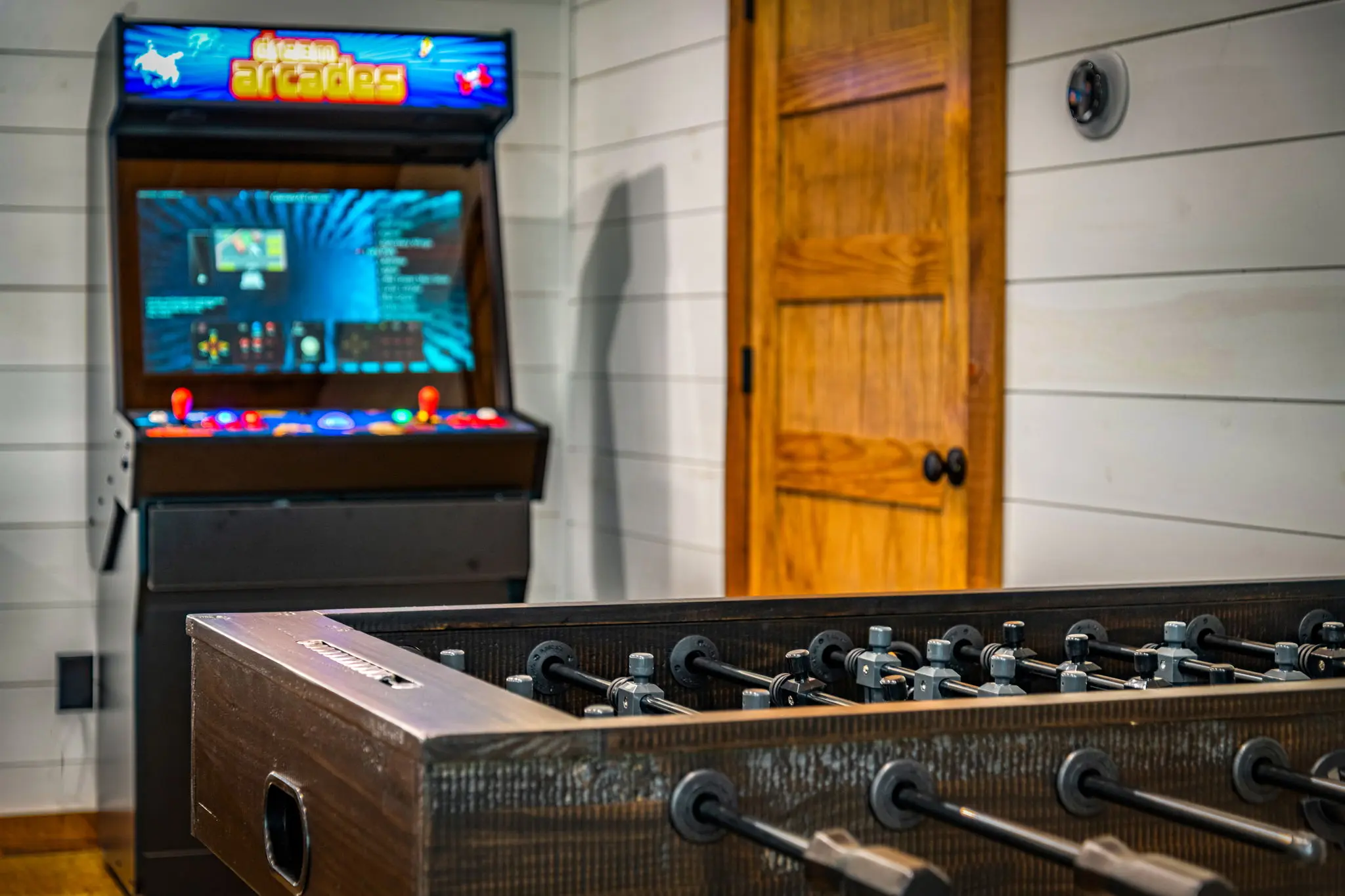 Foosball table in the lower games area.