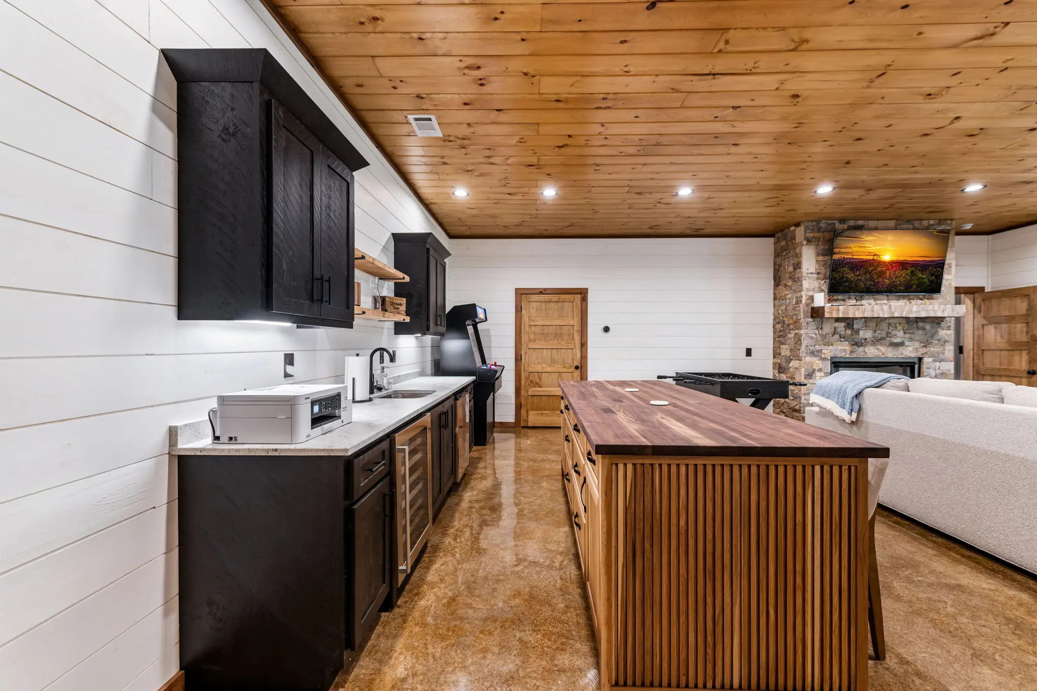 Open living and dining area with abundant seating options.