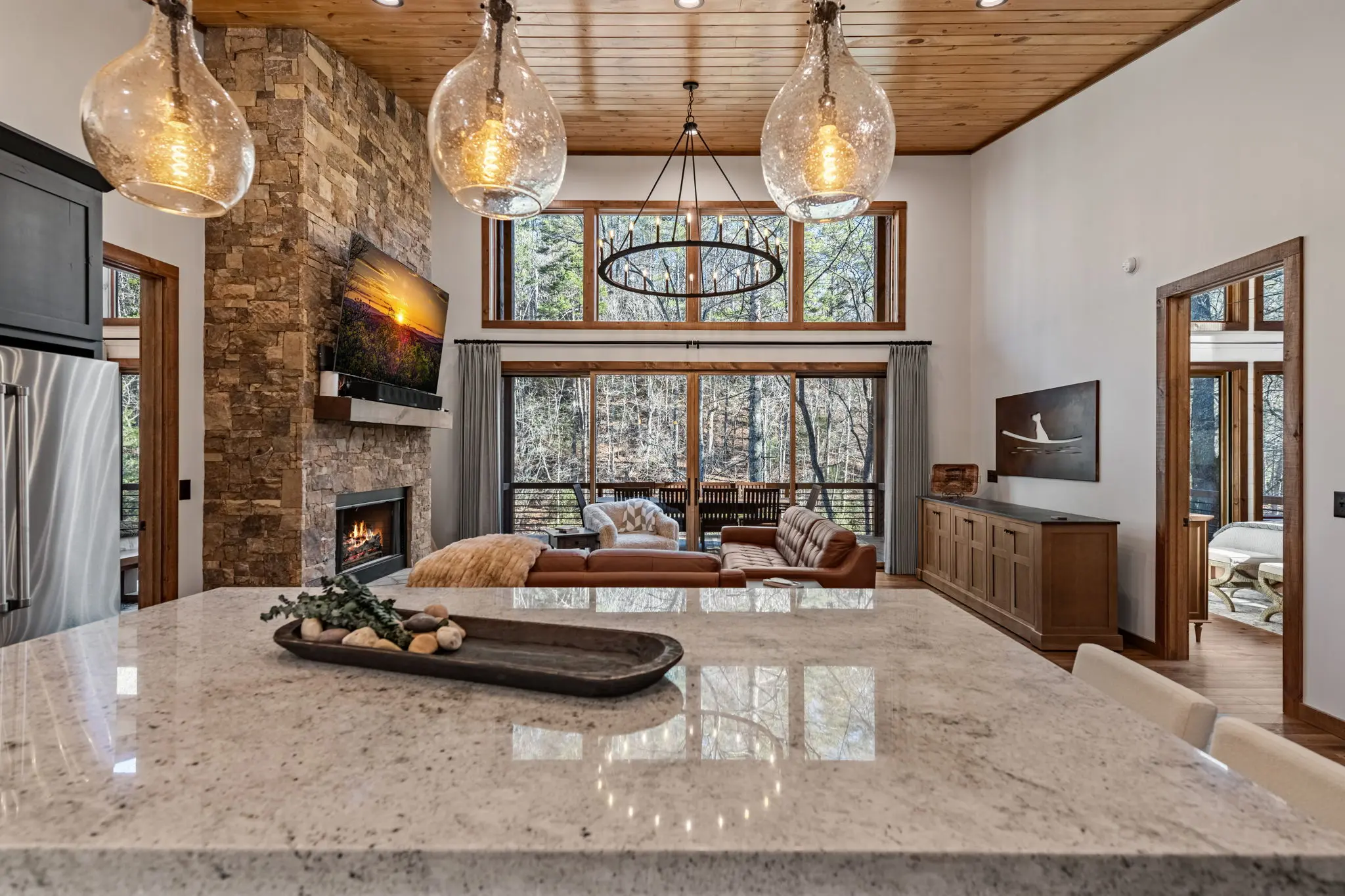 Inspirational vantagepoint of the upper kitchen and living area.